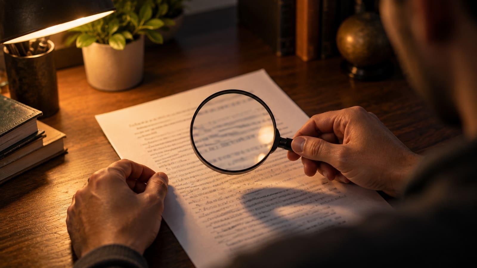 A pair of hands holding a magnifying glass over a printed page of text on a desk, symbolizing verification and authenticity checking.